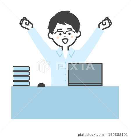 一位男士在辦公桌前使用筆記型電腦時進行伸展運動的插圖 一位男士在辦公桌前使用筆記型電腦時進行伸展運動的插圖 130888101