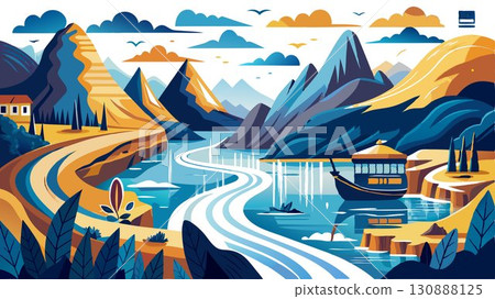 This high resolution image captures the dynamic energy and scenic beauty of a river journey, producing a sophisticated and adventurous aesthetic ideal for travel brochures, adventure publications, or 130888125