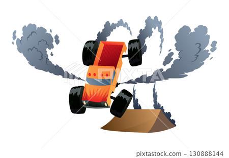 Jumping monster truck show. Bright colorful cartoon auto with big wheels. Car with large tires for rally 4x4 computer or mobile game. Vector cartoon illustration Jumping monster truck show. Bright colorful cartoon auto with big wheels. Car with large tires for rally 4x4 computer or mobile game. Vector cartoon illustration 130888144