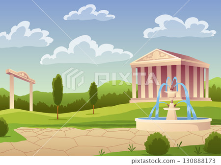 Greek or roman temple building, ancient architecture with columns and pediment. Summer landscape with antique palace with pillars and road near fountain, vector cartoon illustration 130888173