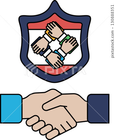 A black and white image of two hands shaking with a shield in the background 130888351