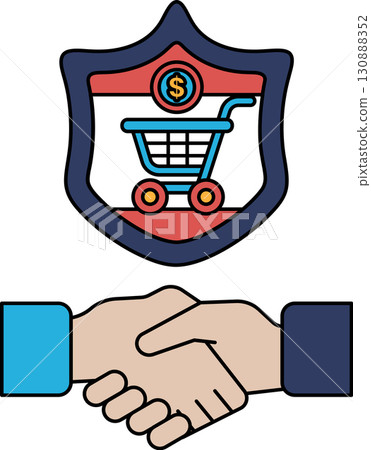 A black and white image of two hands shaking with a shopping cart A black and white image of two hands shaking with a shopping cart 130888352