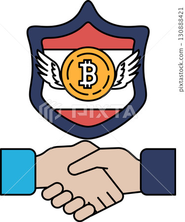 A black and white drawing of two hands shaking hands with a shield behind them 130888421