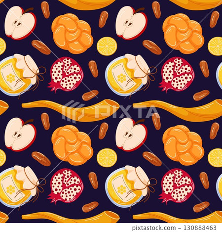 Seamless festive pattern with apple, honey jar, challah bread, pomegranate, dates, lemon and shofar for celebration Jewish Rosh Hashanah in cartoon style. 130888463