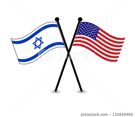 Israeli and American flags crossed on flagpoles. Crossed Flags of Israel and the United States. 130888468