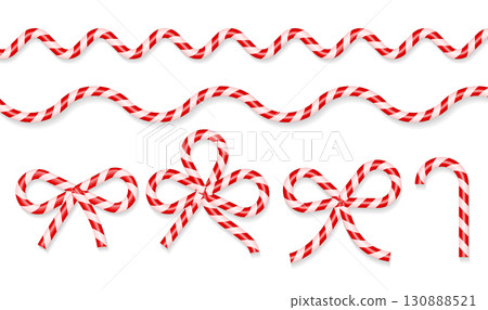 Candy cane borders and bows set. Red and white stripes. 3d Vector illustration 130888521