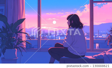 一位女士在窗邊陷入沉思，背景是日落 130888621