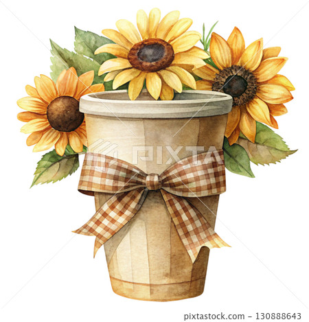 A minimal watercolor paper coffee cup filled with bright sunflowers white background 130888643