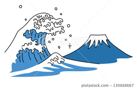 富士山和海浪的手繪插圖 130888667