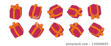 Set of gift box icons with ribbon and bow in flat and 3D illustration style isolated on white background. Minimalist festive vector design for holiday, birthday and celebration Set of gift box icons with ribbon and bow in flat and 3D illustration style isolated on white background. Minimalist festive vector design for holiday, birthday and celebration 130888695