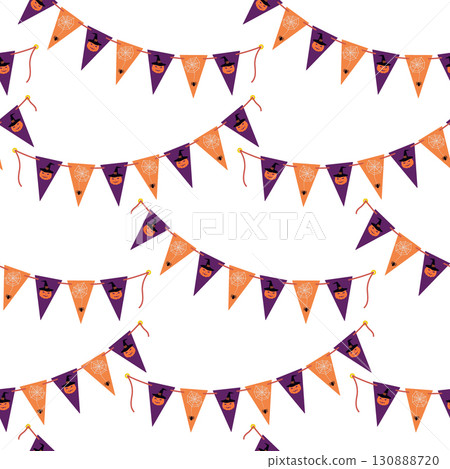 Halloween Triangular Pennant Garland with Pumpkin and Spider Cobweb Seamless Pattern Halloween Fond 130888720