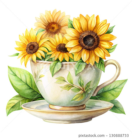 A minimal watercolor tea cup with bright sunflowers white background 130888733