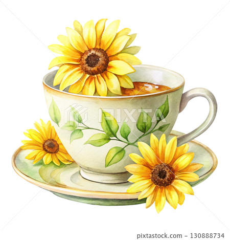 A minimal watercolor tea cup with bright sunflowers white background 130888734