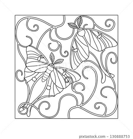 Art nouveau luna moth and decorative vine hand drawn monochrome coloring book page 130888753
