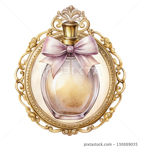A watercolor illustration of a luxury pink crystal perfume bottle clipart watercolor white background  130889035