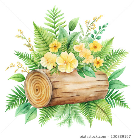 A watercolor illustration of a wooden log surrounded by bright yellow clipart watercolor white background  130889197