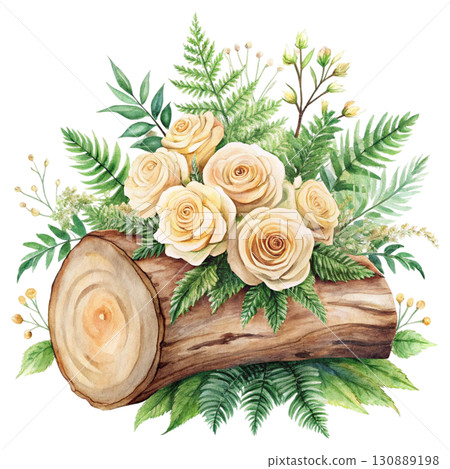 A watercolor illustration of a wooden log surrounded by bright yellow clipart watercolor white background A watercolor illustration of a wooden log surrounded by bright yellow clipart watercolor white background 130889198