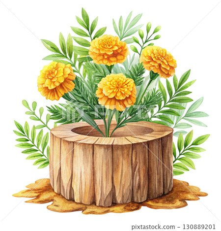 A watercolor illustration of a wooden log surrounded by bright yellow clipart watercolor white background A watercolor illustration of a wooden log surrounded by bright yellow clipart watercolor white background 130889201