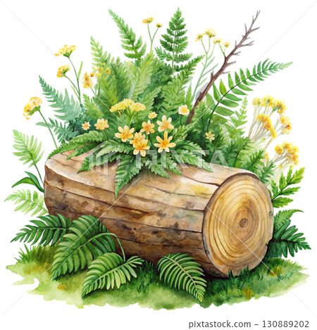 A watercolor illustration of a wooden log surrounded by bright yellow clipart watercolor white background A watercolor illustration of a wooden log surrounded by bright yellow clipart watercolor white background 130889202