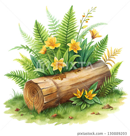 A watercolor illustration of a wooden log surrounded by bright yellow clipart watercolor white background  130889203