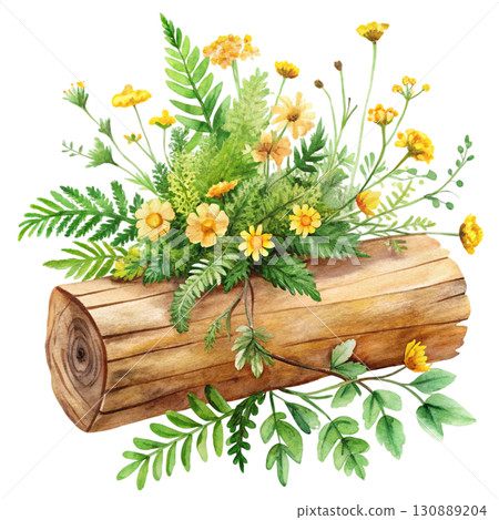 A watercolor illustration of a wooden log surrounded by bright yellow clipart watercolor white background  130889204
