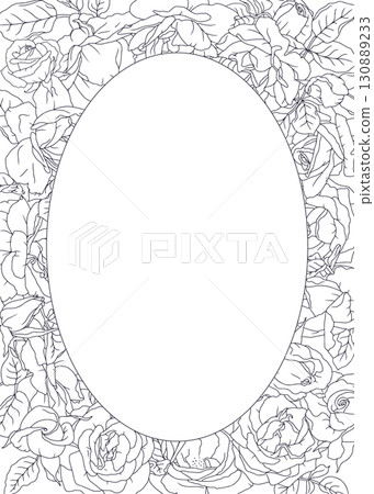 Beautiful hand drawn line art black and white rose flowers and leaves vertical oval frame Beautiful hand drawn line art black and white rose flowers and leaves vertical oval frame 130889233