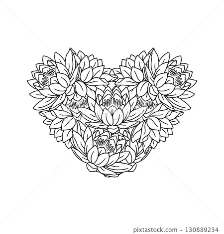 Hand drawn line art heart frame with monochrome pink lotus flowers 130889234