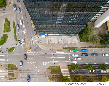 Aerial view of city roads and trams, intersection in Wroclaw 130889272