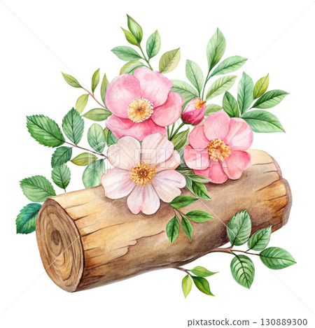 A watercolor illustration of a wooden log surrounded by soft pastel pink wildflowers clipart watercolor white background  130889300
