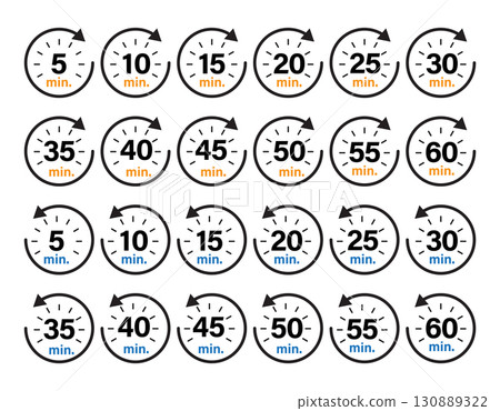 Fast forward and rewind icons with circle arrows and minute numbers. Fast forward and rewind icons with circle arrows and minute numbers. 130889322