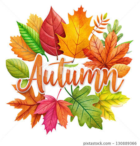Autumn leaves illustration in warm earthy tones the word Autumn designed clipart watercolor white background  130889366
