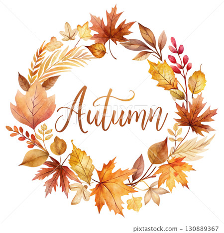 Autumn leaves illustration in warm earthy tones the word Autumn designed clipart watercolor white background  130889367