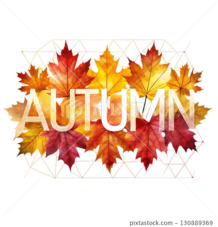 Autumn leaves illustration in warm earthy tones the word Autumn designed clipart watercolor white background  Autumn leaves illustration in warm earthy tones the word Autumn designed clipart watercolor white background  130889369
