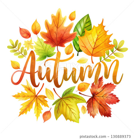 Autumn leaves illustration in warm earthy tones the word Autumn designed clipart watercolor white background  130889373