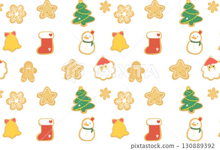 可愛的聖誕糖霜餅乾圖案背景（白色）雪人，薑餅，星星，聖誕老人， 130889392