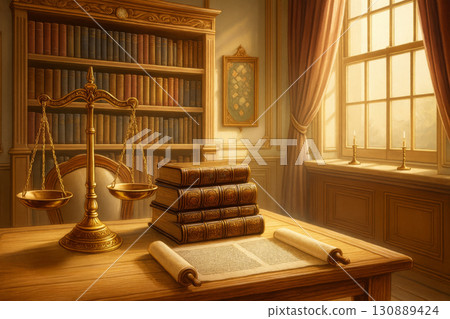 Sunshine streams through window, illuminating scales of justice rich library in sophisticated law office. Sunshine streams through window, illuminating scales of justice rich library in sophisticated law office. 130889424