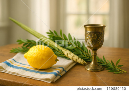 Traditional Holiday symbols of Jewish festival of Sukkot include yellow etrog set on silver cup. 130889430