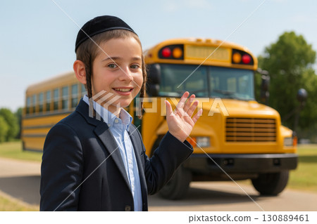 Jewish young boy dressed in traditional clothing smiles waves as school bus prepares to depart in afternoon. Jewish young boy dressed in traditional clothing smiles waves as school bus prepares to depart in afternoon. 130889461