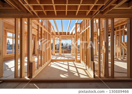New home is being built at building area with unfinished framing beams wooden home in construction phase I Generation 130889466