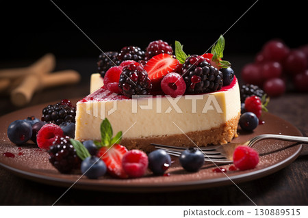 Healthy organic dessert features classic plain New York Cheesecake slice topped with fresh strawberries, raspberries, mint Generation AI Healthy organic dessert features classic plain New York Cheesecake slice topped with fresh strawberries, raspberries, mint Generation AI 130889515