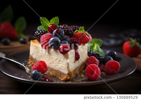 Classic plain New York Cheesecake slice with fresh berries strawberry raspberries mint is healthy organic dessert Generation AI Classic plain New York Cheesecake slice with fresh berries strawberry raspberries mint is healthy organic dessert Generation AI 130889529