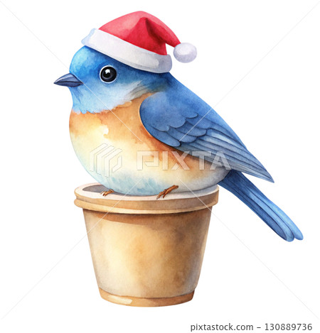Cute fluffy robin bird wearing a Santa hat sitting on top of a paper coffee cup clipart watercolor white background  130889736