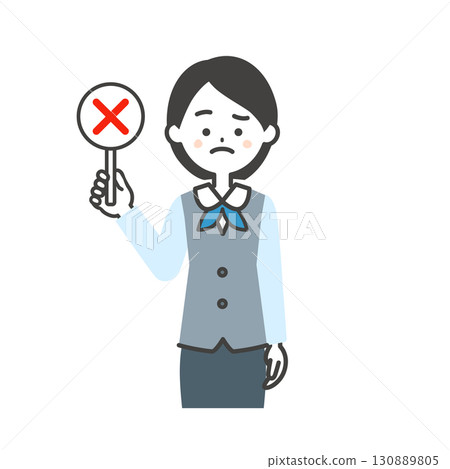 Illustration of a woman wearing a scarf-style uniform and a gilet holding an incorrect answer card Illustration of a woman wearing a scarf-style uniform and a gilet holding an incorrect answer card 130889805