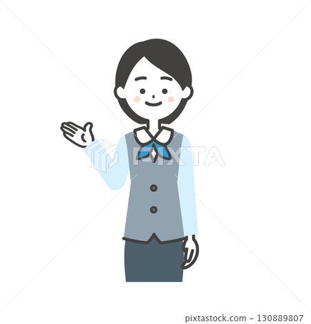 Illustration of a woman wearing a scarf-style uniform and a gilet pointing with her hand Illustration of a woman wearing a scarf-style uniform and a gilet pointing with her hand 130889807