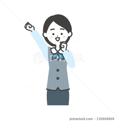 Illustration of a woman wearing a scarf-style uniform and a gilet pumping her fist 130889809