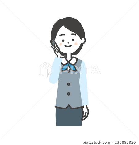 圖解：一位身穿圍巾制服和背心的女士正在用智慧型手機通話 130889820