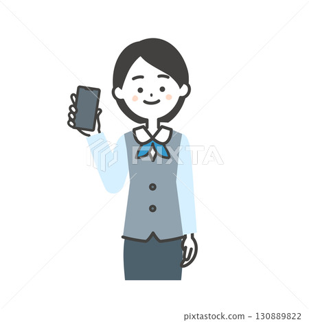 圖：一位身穿圍巾制服和背心、手持智慧型手機的女士 130889822