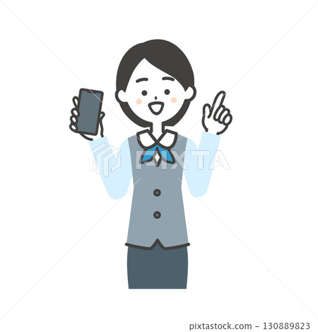 圖：一位身穿圍巾制服和背心、手持智慧型手機的女士 130889823