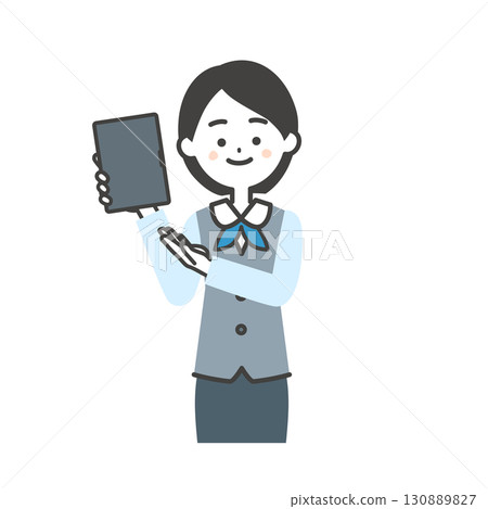 圖:一位身穿圍巾制服和背心的女士手持平板電腦 圖:一位身穿圍巾制服和背心的女士手持平板電腦 130889827