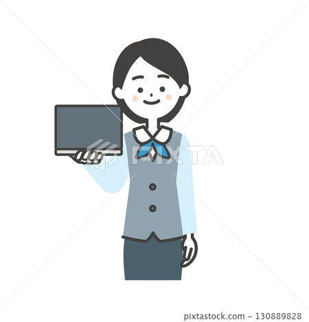 圖解：一位女士身穿圍巾制服，身穿背心，手裡拿著一台筆記型電腦 130889828